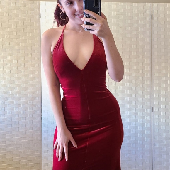 Vintage 90s Y2K Womens Rubber Ducky Raspberry Red Velvet Dress Backless Leg Slit - Picture 3 of 10